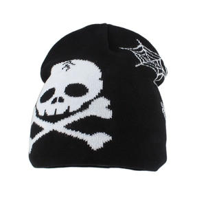 Black knit beanie featuring white skull and crossbones with spider web pattern on the side