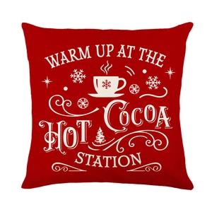 Festive red Christmas pillow cover with Hot Cocoa Station print and snowflake details