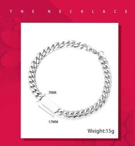 Detailed size specifications of 7mm width titanium steel chain and 17mm metal bar charm