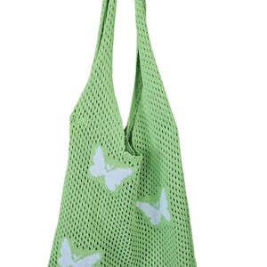Borsa tote in maglia verde con motivo a farfalla bianca e trama traforata