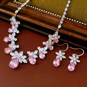 Floral Water Drop Zircon Necklace And Earrings Jewelry Set Copper Plated Vintage Luxury Wedding Banquet For Women Fashion