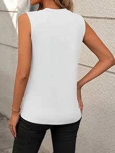 Rear view of white sleeveless tank top showing round neck and slim fit on model
