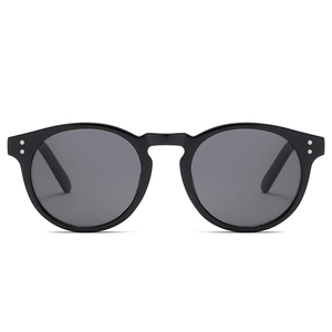 Classic black round frame retro sunglasses with metallic rivets and dark gray lenses
