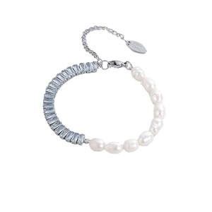 Baroque pearl and crystal asymmetrical bracelet with lobster clasp and extension chain