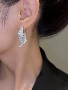 Macro view of silver tassel earrings with sparkling crystals worn by a model