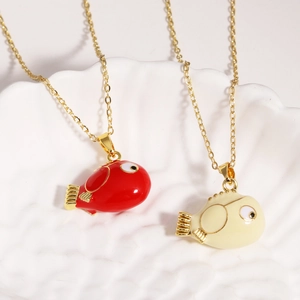 Cute enamel fish pendant necklaces on a shell plate with gold stainless steel chains