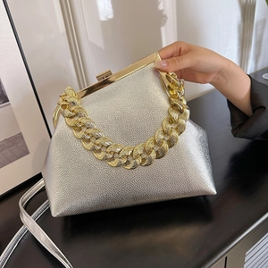 Women Metallic PU Leather Handbag With Chunky Gold Chain Handle Retro Frame Crossbody Shoulder Bag For Evening Party