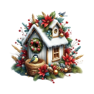 Christmas snowy birdhouse window sticker with poinsettia flowers and red winter berries