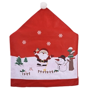 Christmas chair covers featuring Santa and Snowman prints on red non-woven fabric