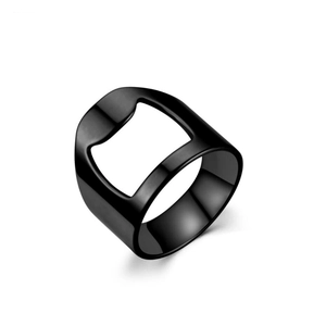 Minimalist black stainless steel ring bottle opener shown from a top-down view