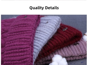 Close-up of ribbed knit winter hats with metal button detail in various soft colors