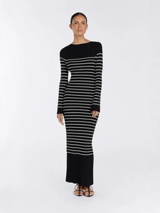 Striped Knit Maxi Dress Long Sleeve Round Neck Bodycon Ribbed Back Slit Elegant Commuter Autumn Winter Women