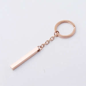 Polished rose gold stainless steel rectangle bar keychain with minimalist metal chain