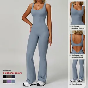Women's gray blue flared yoga jumpsuit with U-neck and back cutout for fitness