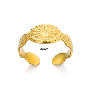 Irregular geometric gold-plated stainless steel open ring with solar relief pattern