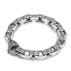 Vintage stainless steel men's bracelet with engraved pattern and rectangular totem links