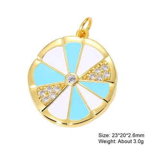 Close-up of golden rotating circular pendant with blue and white enamel and zircons
