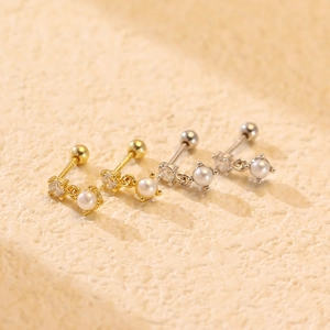 Elegant S925 silver pearl stud earrings with sparkling zircon accents in gold and silver