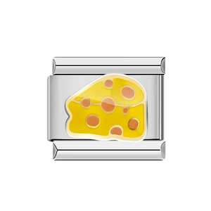 Dettaglio di un charm a formaggio in acciaio inossidabile smaltato giallo per bracciali