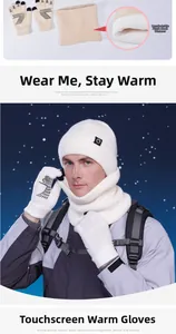 Detail view of winter set including touch-screen gloves and fleece-lined knitted scarf