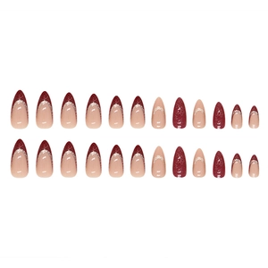 Sparkling wine red almond press-on nails set with champagne glitter and French tips
