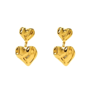 Modern gold double heart drop earrings featuring artistic hammered texture on white background