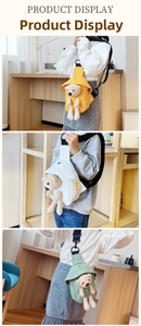 Detailed view of kids canvas crossbody bags with cute 3D plush bears in three colors