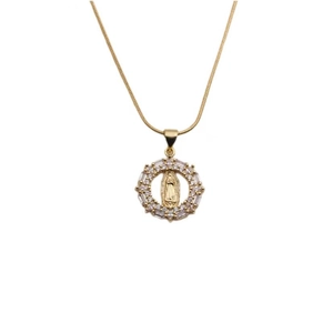 Golden Virgin Mary pendant necklace with sparkling zircon halo on white background