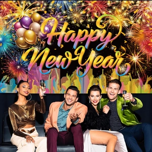 Macro view of Happy New Year party backdrop with fireworks and golden balloons