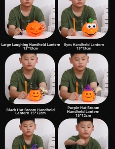 Close-up of various Halloween pumpkin lanterns with diverse facial designs and hats