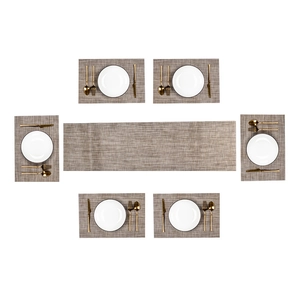 Flat lay of linen-textured table runner and six placemats set in neutral brown-grey