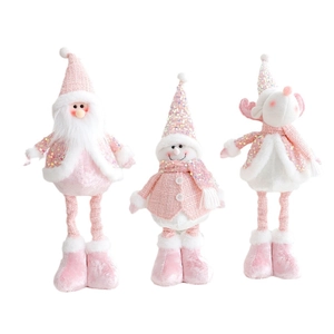 Pink Christmas plush ornaments set featuring Santa, Snowman and Reindeer sitting dolls