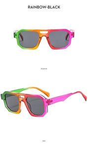 Detailed front and side views of double-bridge aviator sunglasses with rainbow gradient frames