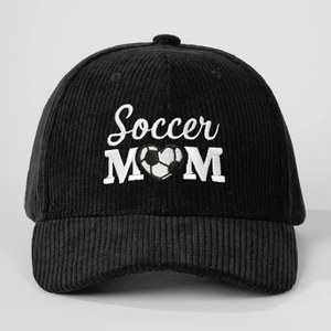 Black corduroy baseball cap with Soccer Mom heart embroidery and football graphic