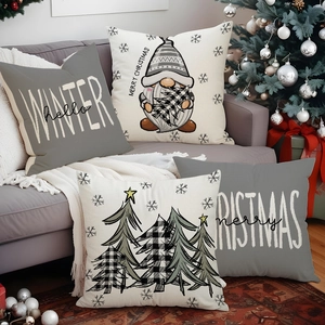 Set di 4 federe per cuscini natalizi in lino con motivi di gnomi e fiocchi di neve