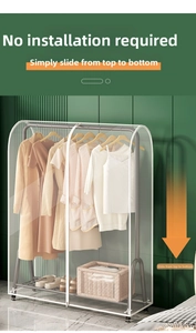 Close-up of thick PEVA waterproof garment rack cover with smooth metal frame and storage basket