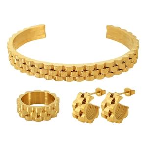 Gold plated titanium steel jewelry set featuring watch strap link ring bracelet and earrings