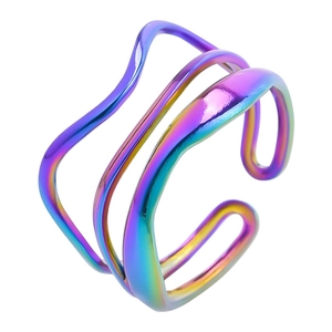 Rainbow ripple adjustable titanium steel open ring with multilayer colorful wave design