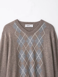 Detail of V-neckline and argyle knit pattern on brown wool blend sweater for women