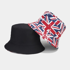 Detail of reversible bucket hat featuring classic black and vintage Union Jack flag print
