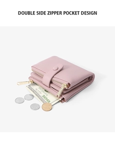 Pink PU leather short wallet featuring double top zipper pockets and snap closure detail