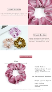 Détail de chouchous en velours colorés avec spécifications de taille et texture douce