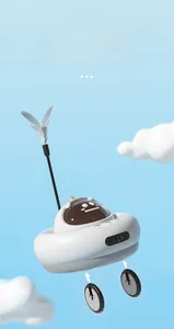 Detail of smart cat toy featuring detachable wheels and plume teaser with white cloud base