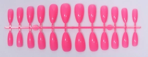 Macro view of 24 pieces of hot pink glossy almond fake nails on plastic connector frame