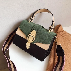 Retro Color Block Crossbody Bag PU Leather Suede Stitching Wide Striped Strap Handbag Round Gold Lock Fashion Women