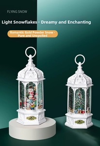 Close-up of white vintage Christmas lanterns featuring snowman and glittery snow scenes