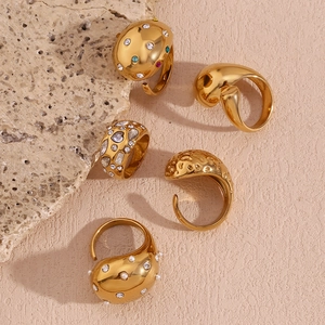 Set of five 18K gold plated stainless steel rings with pearl and gemstone details