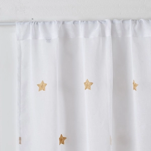 Rideau de Noël semi-transparent blanc avec broderie d'étoiles dorées et passe-tringle