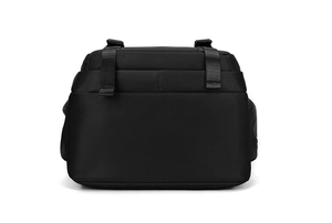 Detail view of the ergonomic padded back panel and adjustable straps on the black backpack