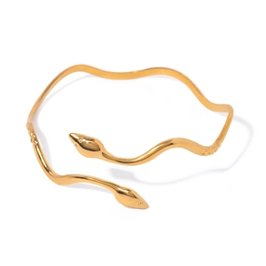 18k gold plated stainless steel double headed snake cuff bracelet with wavy design